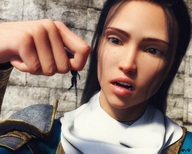 black_hair long_hair armor clothed small_woman handheld knight close_up dangle outdoors looking_at_tiny digital_render innocent_owl