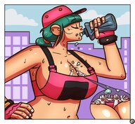 drawing giantess large_breasts long_hair cleavage wet sweat gloves ponytail drinking outdoors hat between_breasts