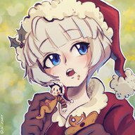 drawing white_hair vore small_man color clothed handheld anime short_hair eating close_up food looking_away bangs imminent_vore santa_hat no_background on_kinky meteora