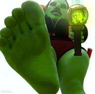 feet clothed toes barefoot soles low_angle smiling foot_crush looking_down monster_girl point_of_view looking_at_viewer leotard raised_foot jetslasher goblin makeup imminent_crush shrink_gun no_background green_skin pointed_ears digital_render bare_legs shortstack