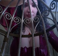 black_hair long_hair clothed cleavage low_angle smiling cage trapped indoors caged curly_hair jewelry milf disney point_of_view looking_at_viewer jetslasher looking_in digital_render rapunzel mother_gothel gothel