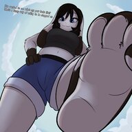 drawing feet furry anthro black_hair color clothed text bunny toes barefoot soles low_angle smiling paws foot_crush shorts looming looking_down point_of_view raised_foot dialogue hands_on_hips trampling daisy_dukes imminent_crush looking_at_tiny bare_midriff mr-rowboat