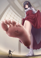 drawing feet small_man black_hair color long_hair armor clothed sword small_men toes barefoot soles anime low_angle knight unknown_artist foot_crush looming looking_down indoors under_foot raised_foot source_needed bangs stuck_to_foot imminent_crush shrine_maiden looking_at_tiny lifting_dress flatten