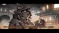 drawing gentle giantess white_hair furry cat anthro city color large_breasts destruction clothed handheld buildings green_eyes weapon walking looking_down outdoors jewelry commission dialogue hood pawn on_shoulder thief looking_at_tiny thesociallyawkwardpinguin goldlee