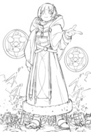 drawing giantess city monochrome destruction clothed buildings anime smiling short_hair magic shoe_crush outdoors looking_at_viewer bangs debris robes meteora tera00009