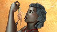 nude blonde black_hair long_hair butt small_woman handheld short_hair unknown_artist dangle dark_skin licking_lips source_needed thick_thighs no_background looking_at_tiny digital_render