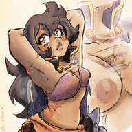 drawing nipples small_man blushing color large_breasts long_hair clothed bra anime brunette smiling cape see_through looking_away scar no_background skimpy_clothing armpits cutaway arms_behind_head bare_midriff clothing_entrapment between_breasts on_kinky