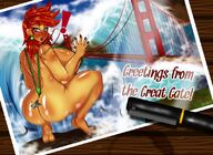 drawing blushing shark long_hair butt huge_breasts red_hair kneeling photograph looking_back earrings skimpy_clothing ullah
