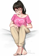 drawing feet black_hair color clothed toes barefoot playful glasses smiling sitting black_eyes foot_crush shrunken_man looking_down no_background looking_at_tiny smirking sheograth10 shrunk_at_college kkasi00 allison_kim