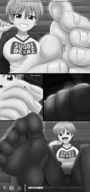 giantess feet monochrome large_breasts anime smiling short_hair sitting shrunken_man entrapment panels micromike uzaki-chan