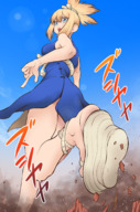 drawing giantess feet blonde color destruction clothed toes buildings soles anime angry low_angle story ponytail sandals foot_crush walking smoke straps shoe_crush outdoors japanese_text looking_back looking_at_viewer raised_foot bangs debris bare_legs tera00009 kohaku dr._stone