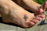 collage feet toes barefoot brunette shrunken_woman toe_ring looking_at_viewer tattooed
