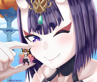 drawing horns black_hair color clothed small_woman handheld anime crying smiling short_hair oni fangs collar close_up cruel finger_crush outdoors jewelry between_fingers monster_girl bangs holding_up struggling makeup imminent_crush winking looking_at_tiny fate_(series) kentaryu shuten_doji ibaraki_doji
