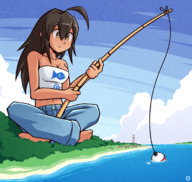 drawing giantess long_hair clothed barefoot island sitting fishing pants dark_skin top thunderafterdark human