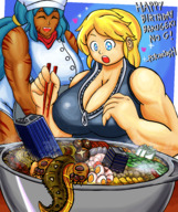 large_breasts destruction buildings muscles food birthday monster_girl tiger_girl kaiju bakugeki_no_g milchi psychojosh planet_(bakugeki_no_g)