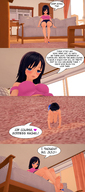 comic black_hair long_hair barefoot kneeling shrunken_man looking_down dialogue digital_render koikatsu