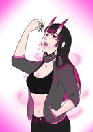 drawing giantess vore horns black_hair long_hair demon demoness open_mouth dangle scent reina no_background bare_midriff pink pheromones