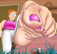 breasts drawing feet color clothed toes barefoot soles low_angle ponytail foot_crush shrunken_man looking_down carpet indoors nail_polish point_of_view raised_foot orange_hair imminent_crush looking_at_tiny rick_and_morty summer_smith sheepwoolington
