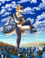 drawing furry anthro city blonde long_hair futanari cum rampage huge_breasts short_hair looking_down raised_foot huge_penis mdwines