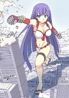breasts drawing giantess city mega large_breasts long_hair destruction blue_eyes toes rampage buildings seo_tatsuya purple_hair sandals punch thighs outdoors skimpy_clothing punching bare_legs bare_midriff fate_(series) splash_of_color saint_martha