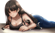 drawing blushing long_hair cleavage jeans brunette smiling lying_down shrunken_man kuroihassan