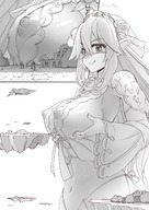 breasts drawing nipples giantess monochrome long_hair tongue cleavage seo_tatsuya castle smiling elf close_up nightgown floating_islands sideboob licking_lips soldiers semi_nude hairband airship presenting pointed_ears transparent_clothes bare_midriff grayscale 瀬尾 seo-t pointy-ears cupped_breasts shitanamezuri