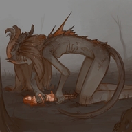 drawing nude horns tail color long_hair futanari penis small_woman handheld anime brunette small_breasts looming dark_skin pinned outdoors all_fours restrained monster_girl trees under_hand looking_at_tiny gills fins syvaron
