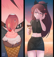 drawing vore blushing color long_hair male clothed small_woman licking anime smiling ice_cream red_hair ponytail heart eating food small_women outdoors cherry choker stuck closed_eyes crossdressing imminent_vore on_tongue on_food femboy willing_vore bare_midriff azurii d3sden