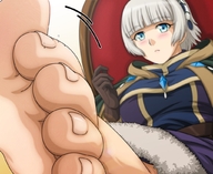 drawing white_hair feet blushing color clothed toes barefoot soles anime gloves short_hair sitting close_up jewelry tinies on_foot raised_foot bangs on_toe looking_at_tiny camerarius meteora
