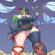 drawing panties small_man blushing upskirt color large_breasts long_hair clothed cleavage buildings anime low_angle multiple_sizes smiling green_hair halloween looming looking_down giantesses outdoors snake_girl monster_girl thigh_highs thick_thighs looking_at_tiny palutena kid_icarus lapotato8 witch_hair medusa_(kid_icarus)