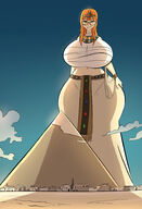 drawing giantess long_hair glasses huge_breasts smiling red_hair looking_down hands_on_hips thick_thighs bare_midriff jvasskicker