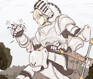 drawing giantess crush blonde color long_hair armor blue_eyes clothed sword handheld low_angle hand_crush forest outdoors trees on_knees gauntlets ncmares yohomeboync yohomeboyraps raps knightess