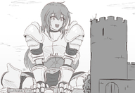 drawing gentle giantess monochrome long_hair armor clothed sword castle sitting open_mouth outdoors legs_crossed spear gauntlets castle_wall looking_at_tinies ncmares yohomeboync yohomeboyraps raps knightess
