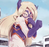 drawing giantess horns city blonde color long_hair clothed buildings purple_eyes fighting standing ripped_clothing on_shoulder bruises fists my_hero_academia skintight_clothing injury mt._lady ncmares yohomeboync yohomeboyraps nathan_nc_mares out_of_frame