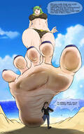 bikini drawing feet toes barefoot soles green_hair short_hair foot_crush walking shrunken_man looking_down fairy_tail raised_foot dialogue brandish solochart