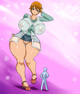 drawing panties upskirt huge_breasts brunette short_hair mini_giantess looking_down thick_thighs no_background erusantte
