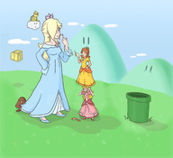 drawing blonde long_hair princess_peach brunette mini_giantess outdoors princess_daisy goomba princess_rosalina lakitu super_mario_bros.