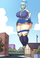 drawing giantess city long_hair butt clothed buildings blue_hair huge_breasts smiling looking_down thick_thighs konosuba aqua_(konosuba)