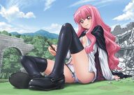 drawing giantess upskirt color long_hair butt destruction shoes stockings grinning pink_hair sitting pink_eyes looking_down forest thighs outdoors eichikei ruins cape wand open_blouse lace mary_janes louise_françoise_le_blanc_de_la_vallier shoeprints pressed_against_panties saito familiar_of_zero