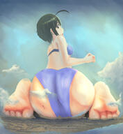 bikini drawing toes barefoot soles butt_crush short_hair sitting ahoge looking_back big_butt iodain