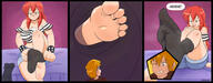 breasts drawing feet blonde color long_hair blue_eyes clothed cleavage bed green_eyes smiling socks red_hair sitting foot_crush shrunken_man sarah entrapment indoors point_of_view in_sock black_socks imminent_crush sock_entrapment looking_at_tiny cleavage_window bare_legs smirking bare_midriff nightingale122 dakunart leon_takayashi