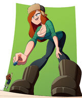 large_breasts long_hair butt clothed cleavage low_angle red_hair boots looming shrunken_man teasing looking_down standing towering hat freckles disney orange_hair leaning_forward no_background looking_at_tiny gravity_falls vest wendy_corduroy dipper_pines hand_on_leg ravenravenraven