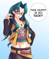 breasts drawing gentle color long_hair blue_eyes clothed cleavage glasses blue_hair unaware disgust commission dialogue no_background thunderafterdark bare_midriff between_breasts chizuko metintbg