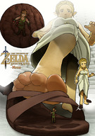 drawing feet blonde color long_hair clothed toes barefoot soles green_eyes low_angle sandals foot_crush unaware shrunken_man under_foot point_of_view raised_foot imminent_crush the_legend_of_zelda bare_legs link_(the_legend_of_zelda) princess_zelda_(the_legend_of_zelda) guqn