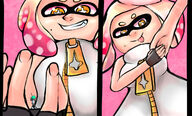 drawing white_hair color clothed handheld finger sweat domination low_angle yellow_eyes smiling pink_hair short_hair hand nintendo shrunken_man looking_down entrapment cruel point_of_view smothering no_background looking_at_tiny armpits splatoon inkling smirking maskedcocoa pearl_(splatoon) sweaty_armpit splatfest tongue_sticking_out