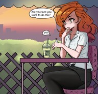 drawing color long_hair green_eyes red_hair leggings sitting shrunken_man looking_down freckles orange_hair on_hand looking_at_tiny cafe iwillsunder sheograth10 shrunk_at_college liz_orfino