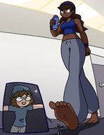 drawing feet blushing color long_hair clothed barefoot soles glasses brunette foot_crush walking unaware shrunken_man indoors raised_foot headband imminent_crush bare_midriff megamaliit molly norm