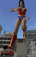 breasts giantess city mega blonde black_hair large_breasts long_hair armor cleavage gun buildings angry low_angle red_hair boots harley_quinn open_mouth giantesses vehicles batman chase wonder_woman poison_ivy leotard bracelet tiara money looking_at_tiny digital_render dc_comics bare_legs roodedude