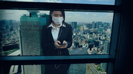 giantess collage city black_hair long_hair buildings phone looking_down mask outdoors kyoujingirls