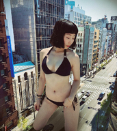 bikini breasts giantess collage city mega cleavage buildings asian short_hair kneeling looking_down outdoors kyoujingirls